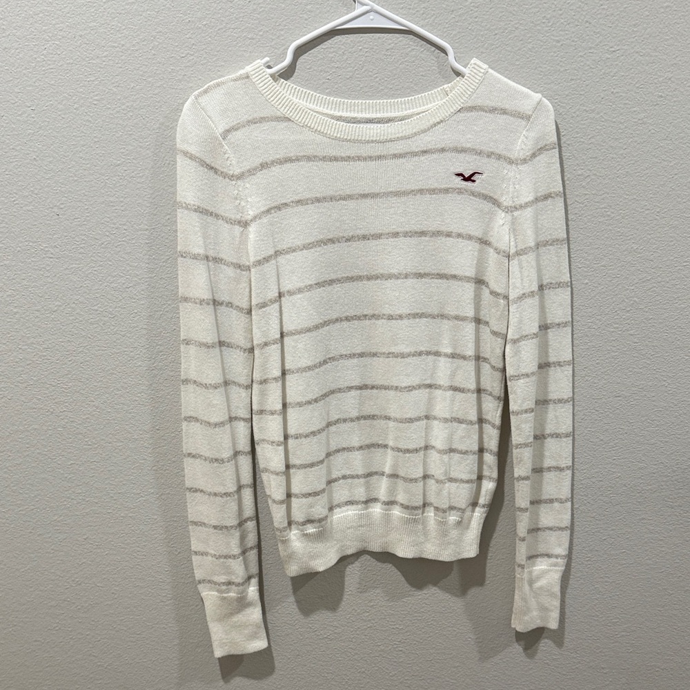 Hollister Cream and Gray Striped Sweater